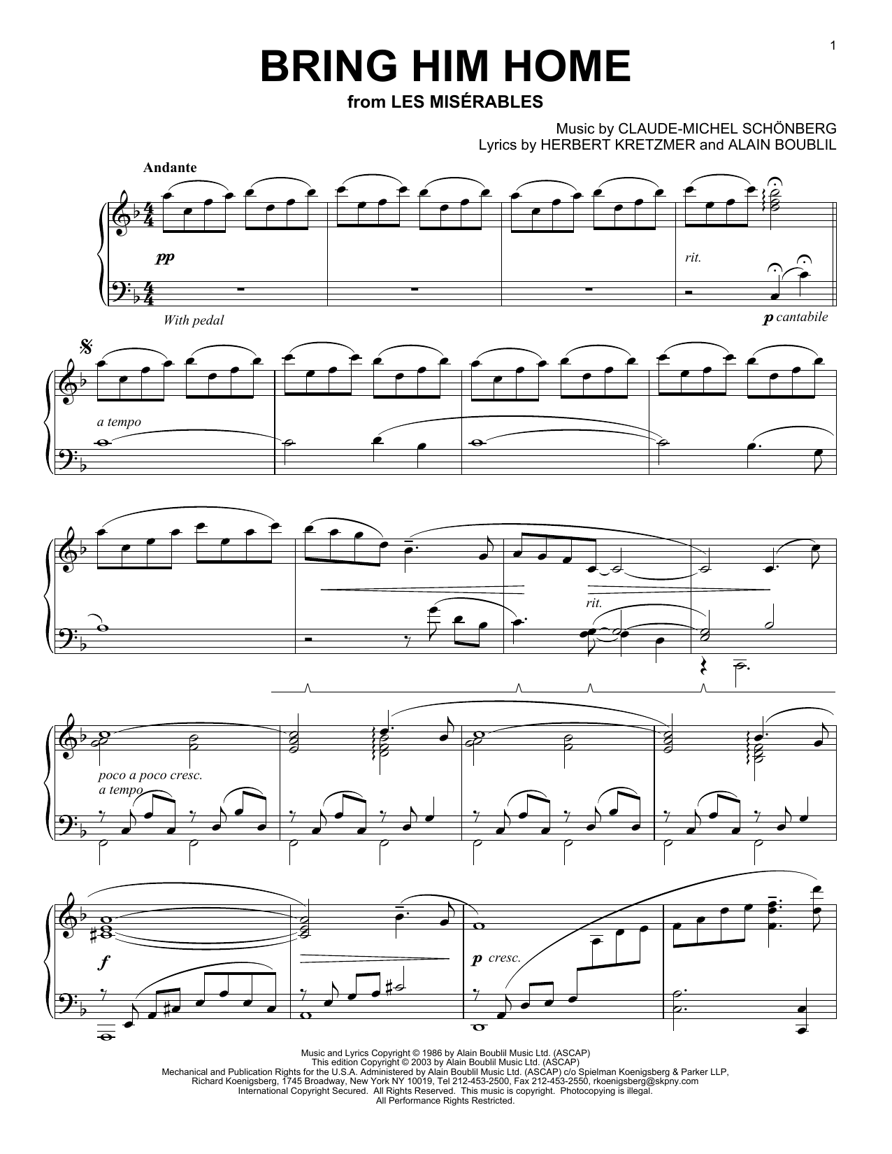 Alain Boublil Bring Him Home sheet music notes and chords arranged for Piano Solo
