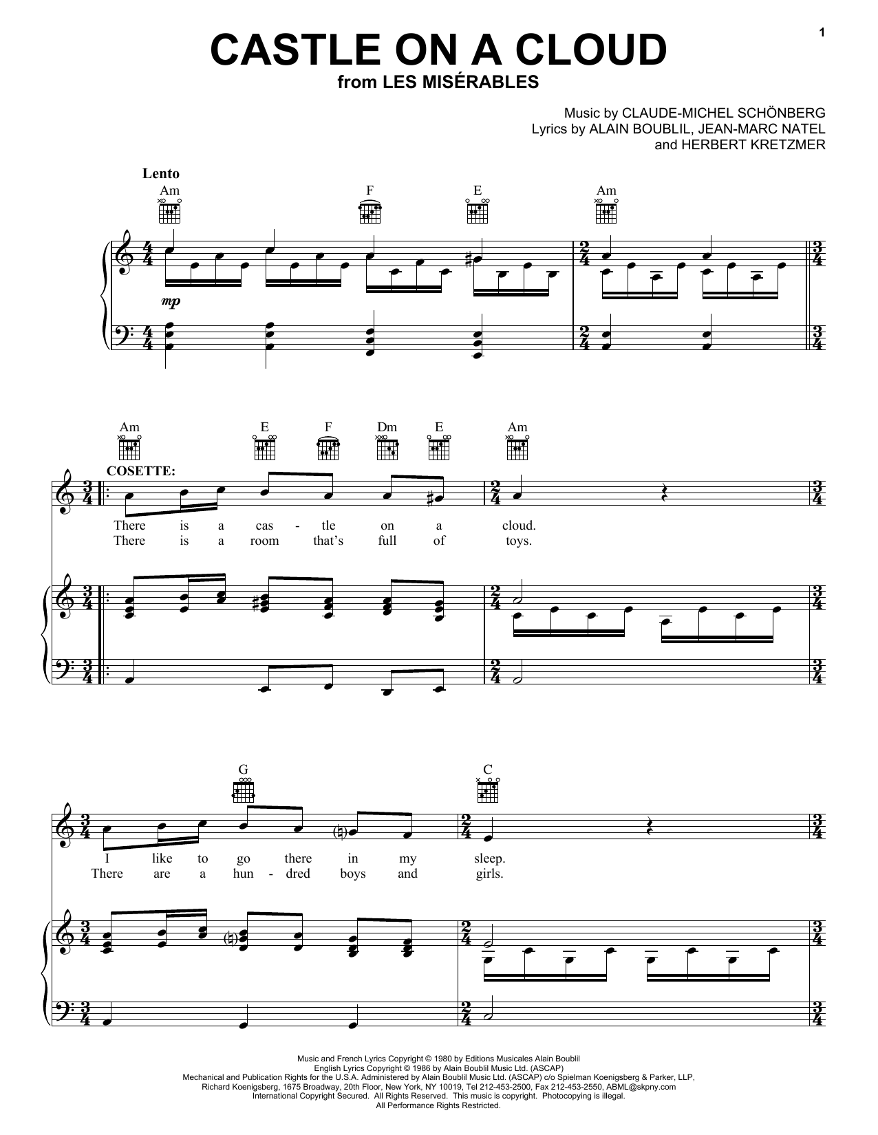 Alain Boublil Castle On A Cloud sheet music notes and chords arranged for Piano, Vocal & Guitar Chords