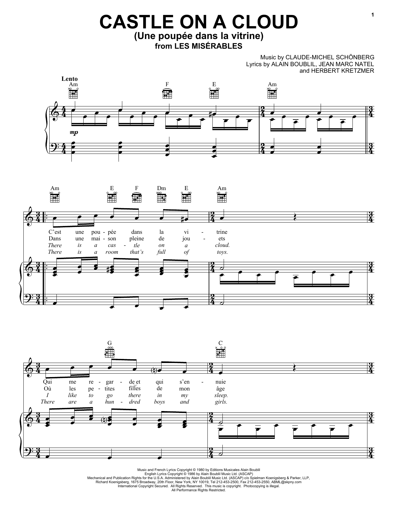 Alain Boublil Castle On A Cloud (Une Poupee Dans La Vitrine) [French version] sheet music notes and chords arranged for Piano, Vocal & Guitar Chords (Right-Hand Melody)