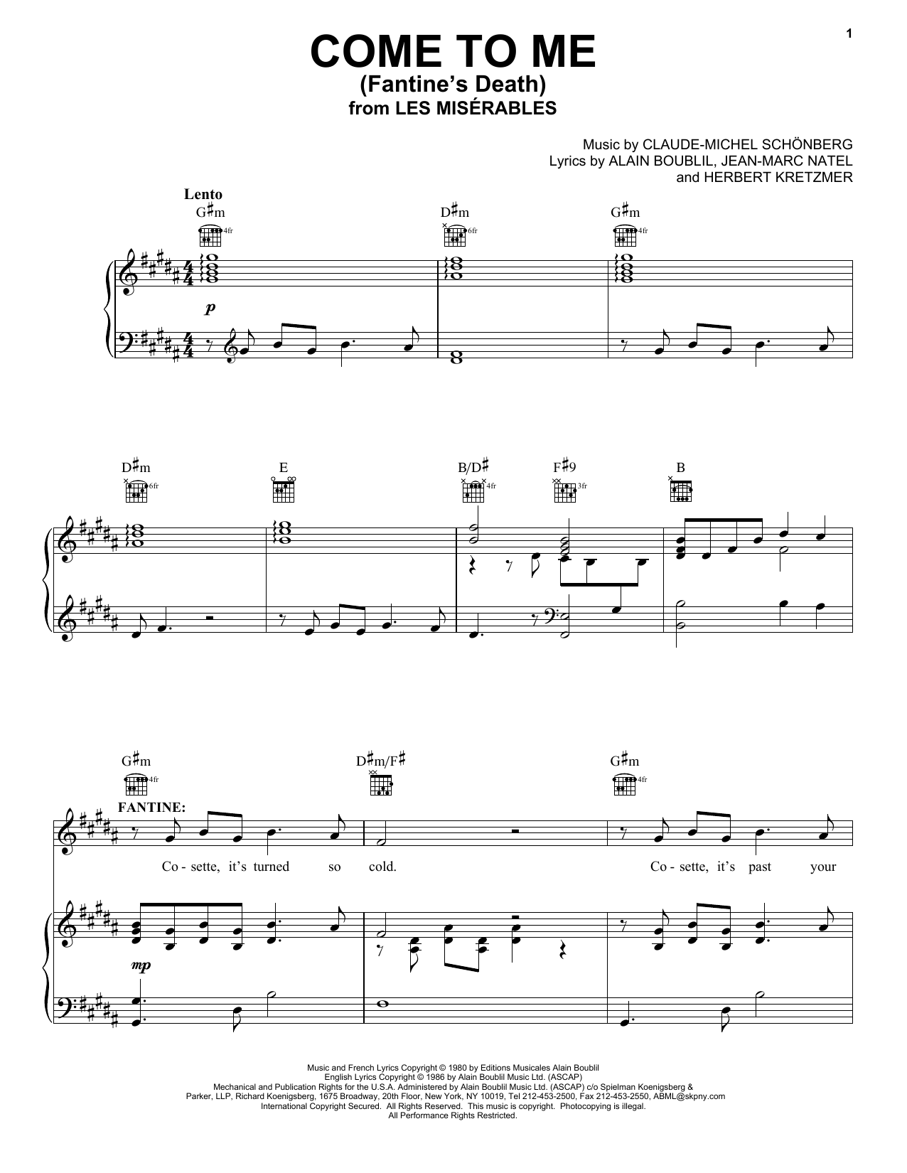 Alain Boublil Come To Me (Fantine's Death) sheet music notes and chords arranged for Piano, Vocal & Guitar Chords (Right-Hand Melody)