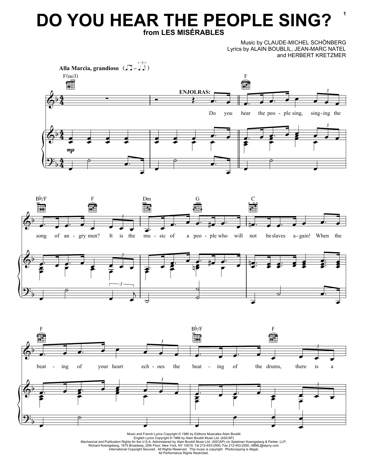 Alain Boublil Do You Hear The People Sing? sheet music notes and chords arranged for Guitar Chords/Lyrics