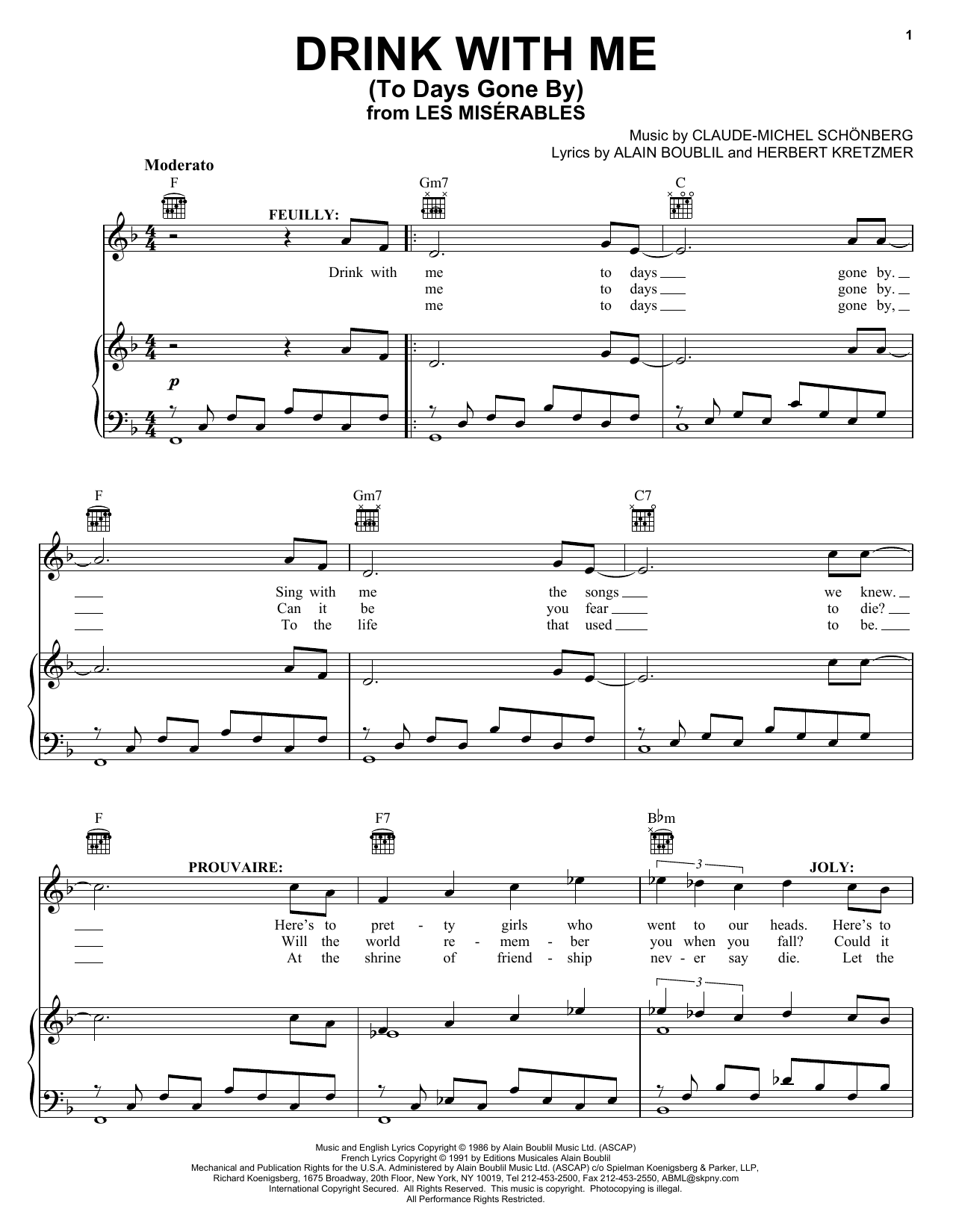 Alain Boublil Drink With Me (To Days Gone By) sheet music notes and chords arranged for Piano, Vocal & Guitar Chords