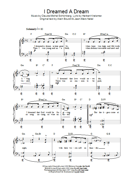 Alain Boublil I Dreamed A Dream (from Les Miserables) sheet music notes and chords arranged for Piano Solo