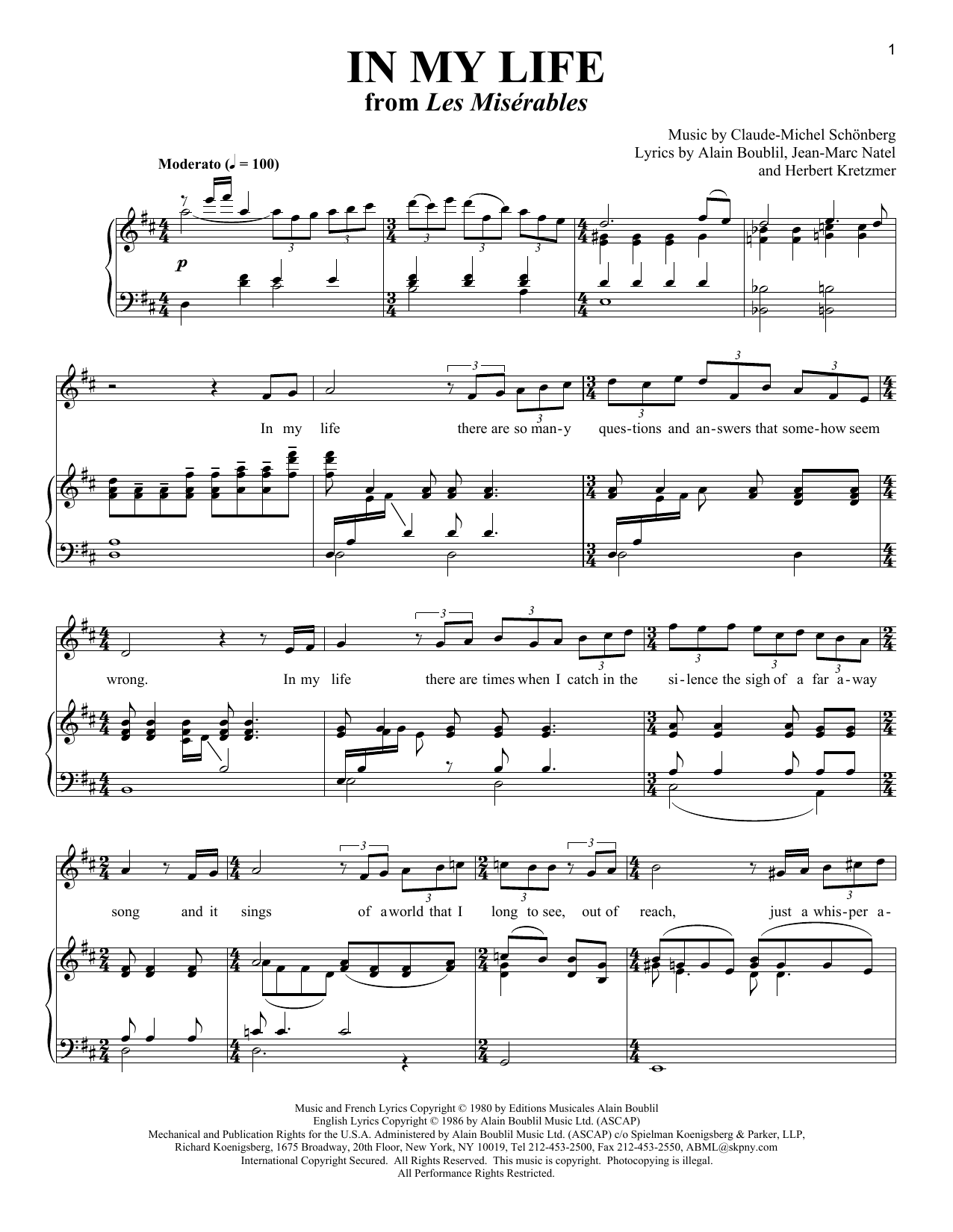 Alain Boublil In My Life (from Les Miserables) sheet music notes and chords arranged for Piano & Vocal