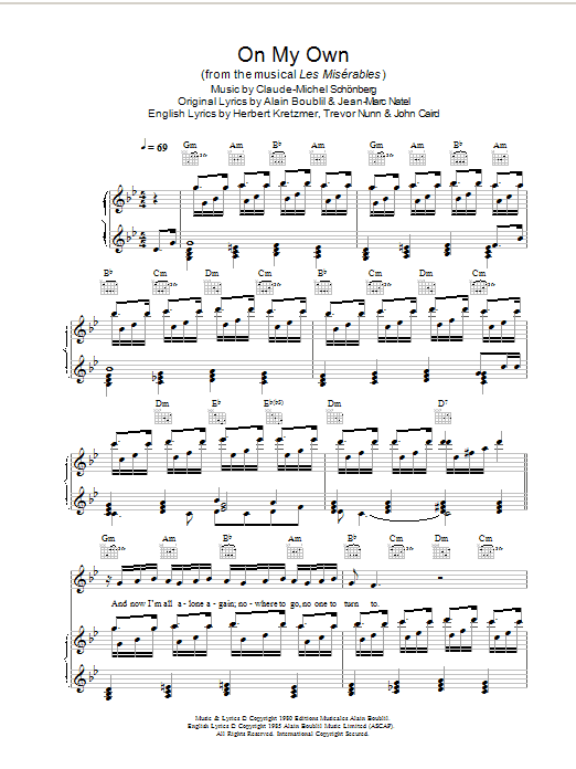 Alain Boublil On My Own (from Les Miserables) sheet music notes and chords arranged for Piano Solo