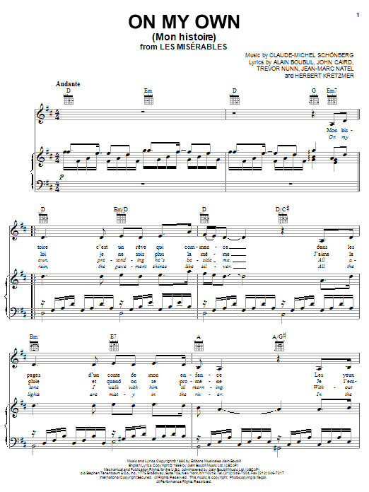 Alain Boublil On My Own (Mon Histoire) [French version] sheet music notes and chords arranged for Piano, Vocal & Guitar Chords (Right-Hand Melody)