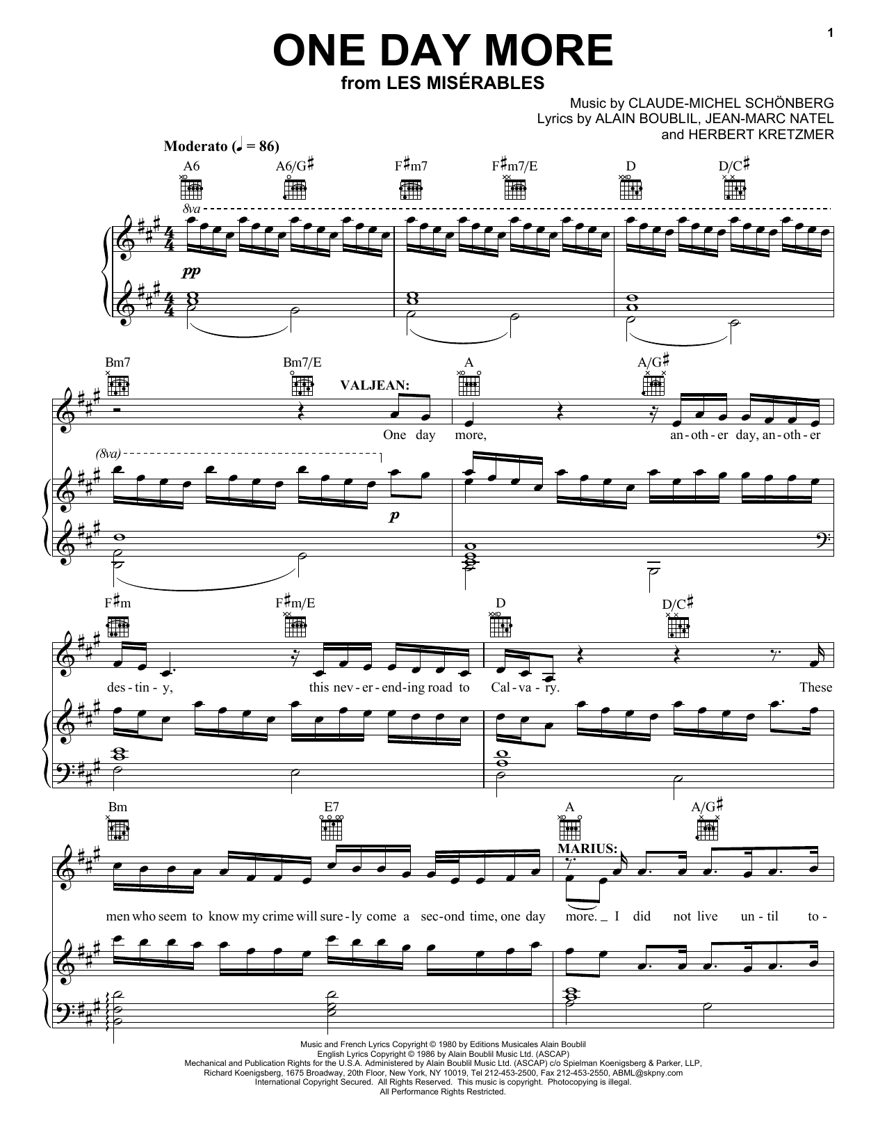 Alain Boublil One Day More (from Les Miserables) sheet music notes and chords arranged for Piano, Vocal & Guitar Chords (Right-Hand Melody)