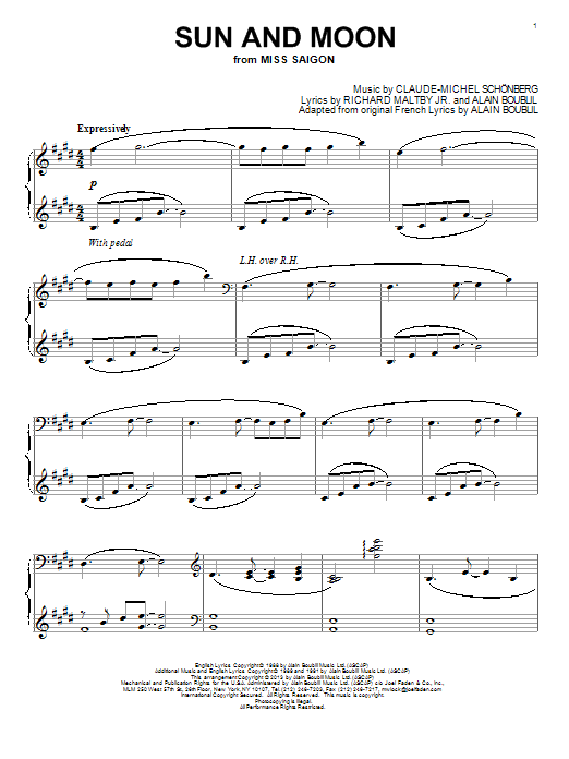Alain Boublil Sun And Moon sheet music notes and chords arranged for Piano Solo