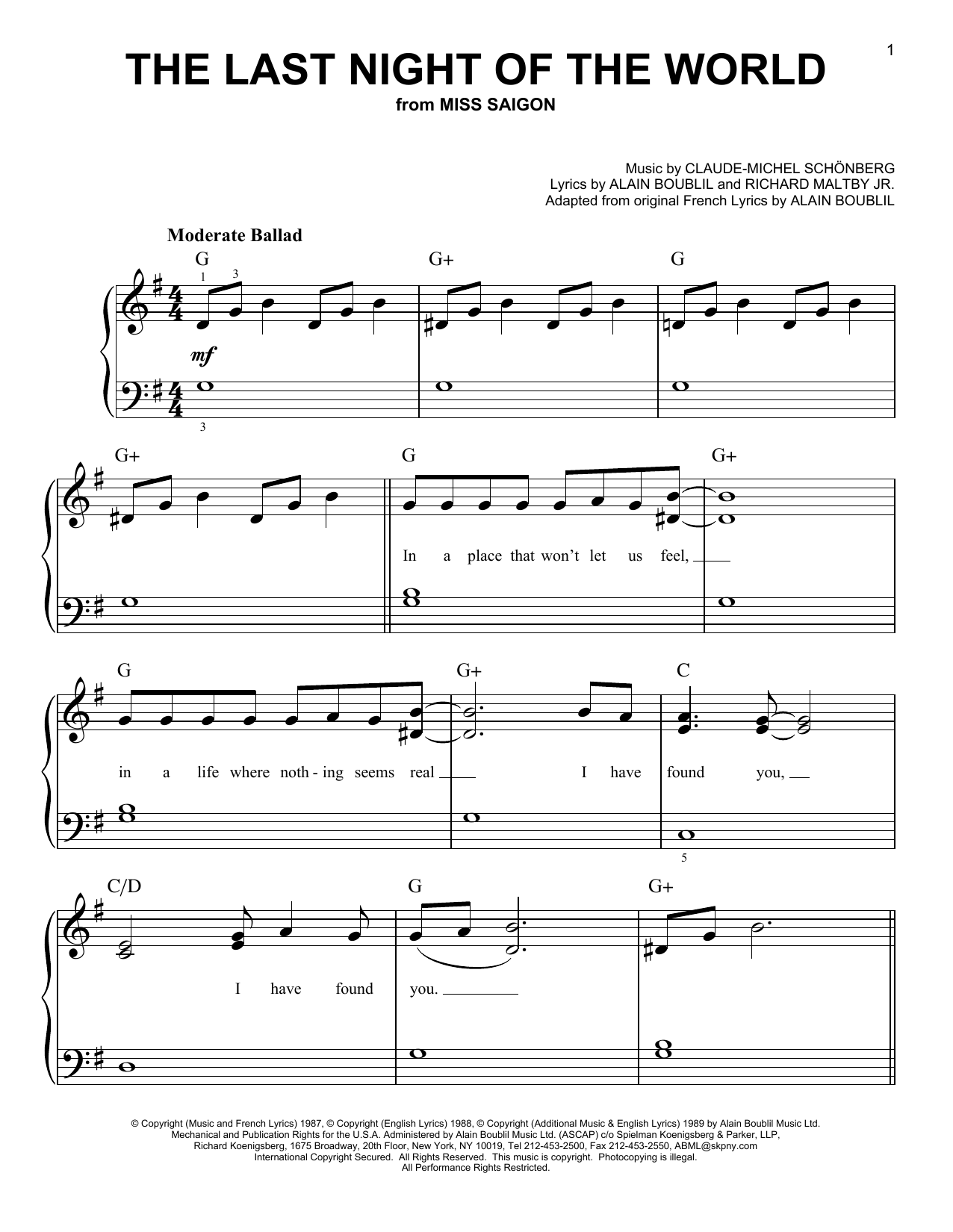 Alain Boublil The Last Night Of The World sheet music notes and chords arranged for Easy Piano
