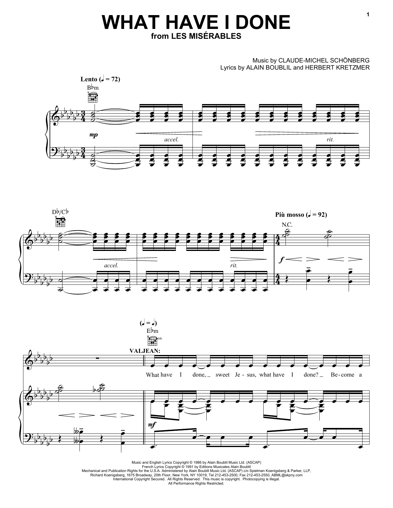Alain Boublil What Have I Done sheet music notes and chords arranged for Piano, Vocal & Guitar Chords (Right-Hand Melody)