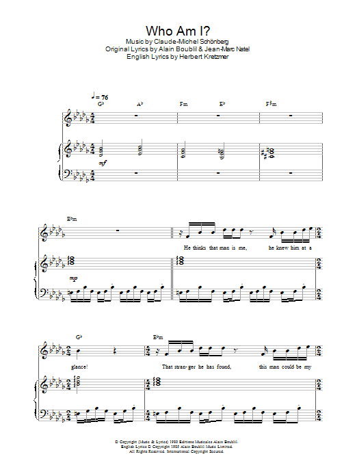 Alain Boublil Who Am I? sheet music notes and chords arranged for Piano, Vocal & Guitar Chords