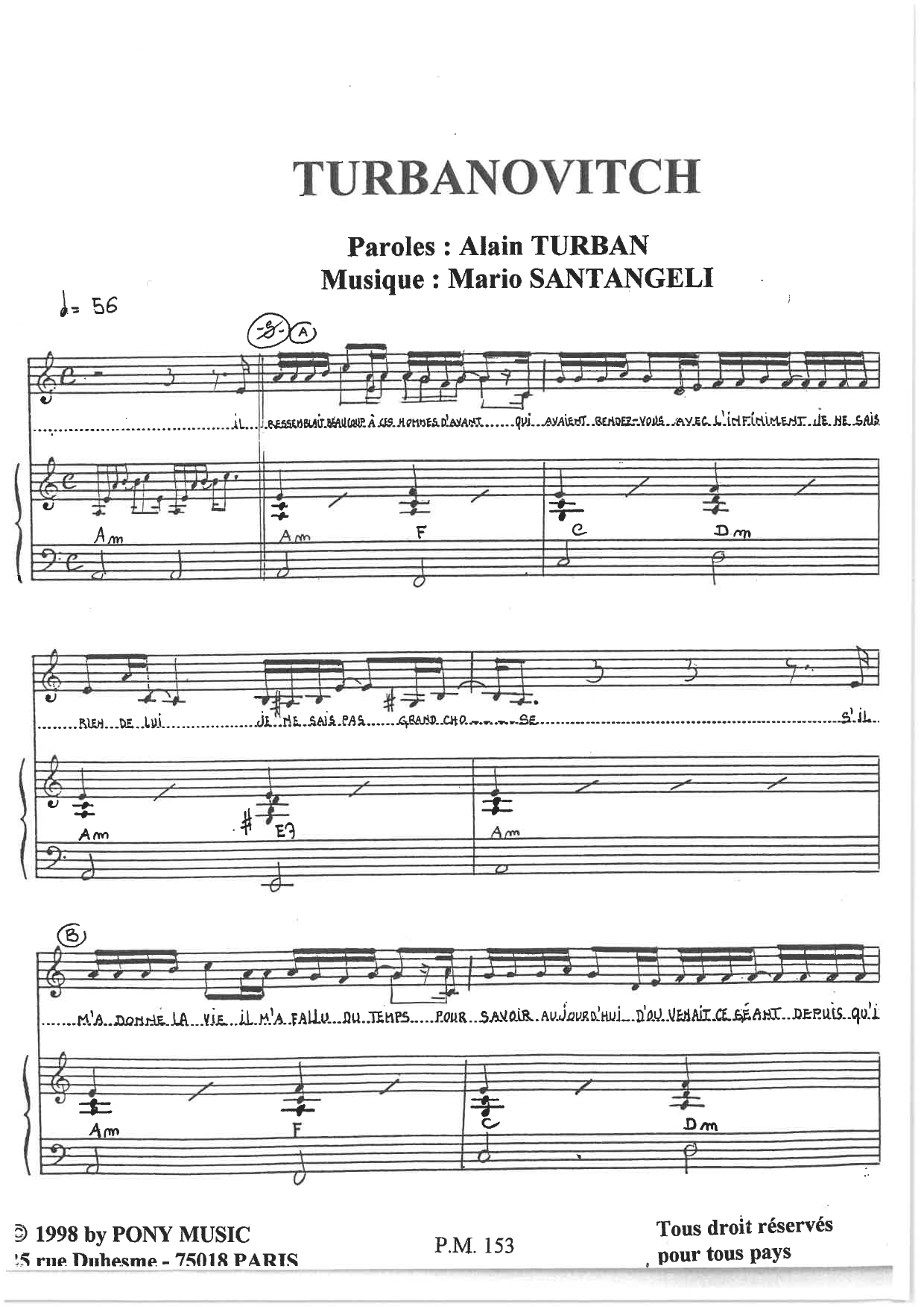 Alain Turban and Mario Santangeli Turbanovitch sheet music notes and chords arranged for Piano & Vocal