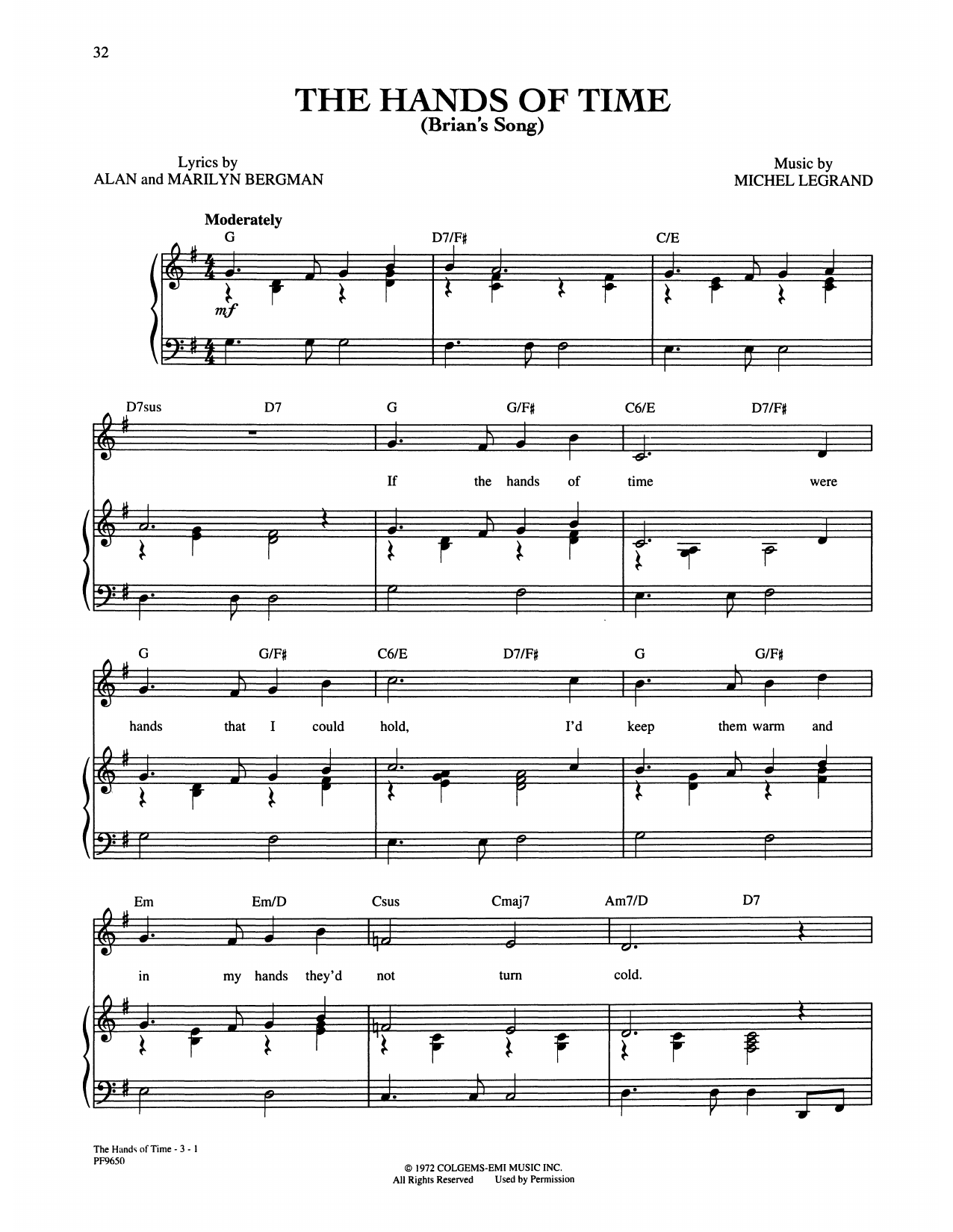 Alan and Marilyn Bergman and Michel Legrand Hands Of Time sheet music notes and chords arranged for Piano, Vocal & Guitar Chords (Right-Hand Melody)