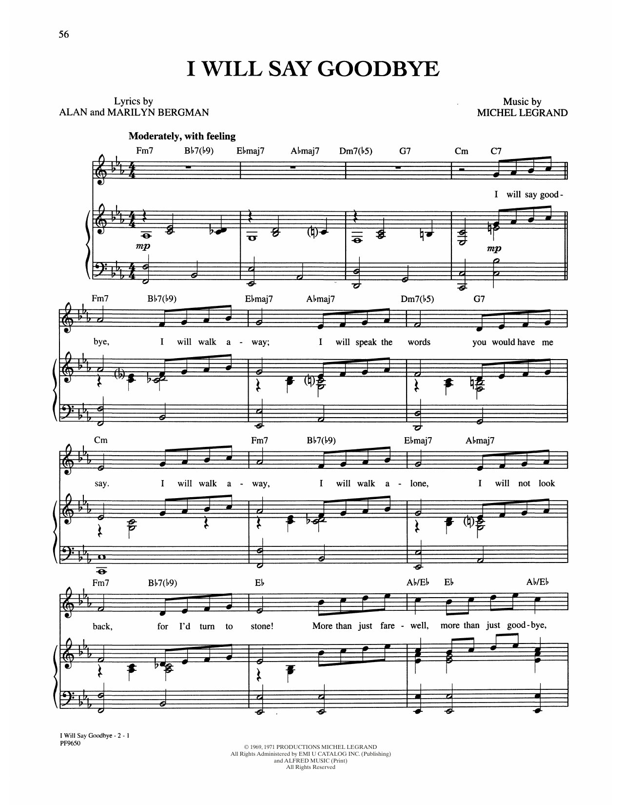 Alan and Marilyn Bergman and Michel Legrand I Will Say Goodbye sheet music notes and chords arranged for Piano, Vocal & Guitar Chords (Right-Hand Melody)