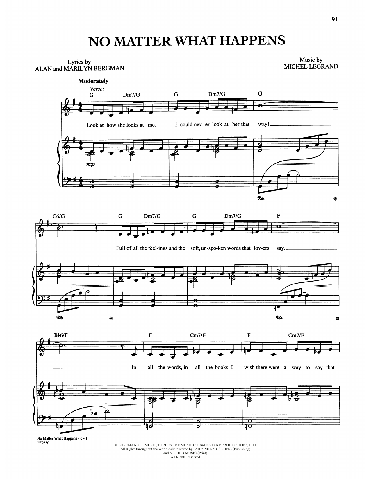 Alan and Marilyn Bergman and Michel Legrand No Matter What Happens sheet music notes and chords arranged for Piano, Vocal & Guitar Chords (Right-Hand Melody)