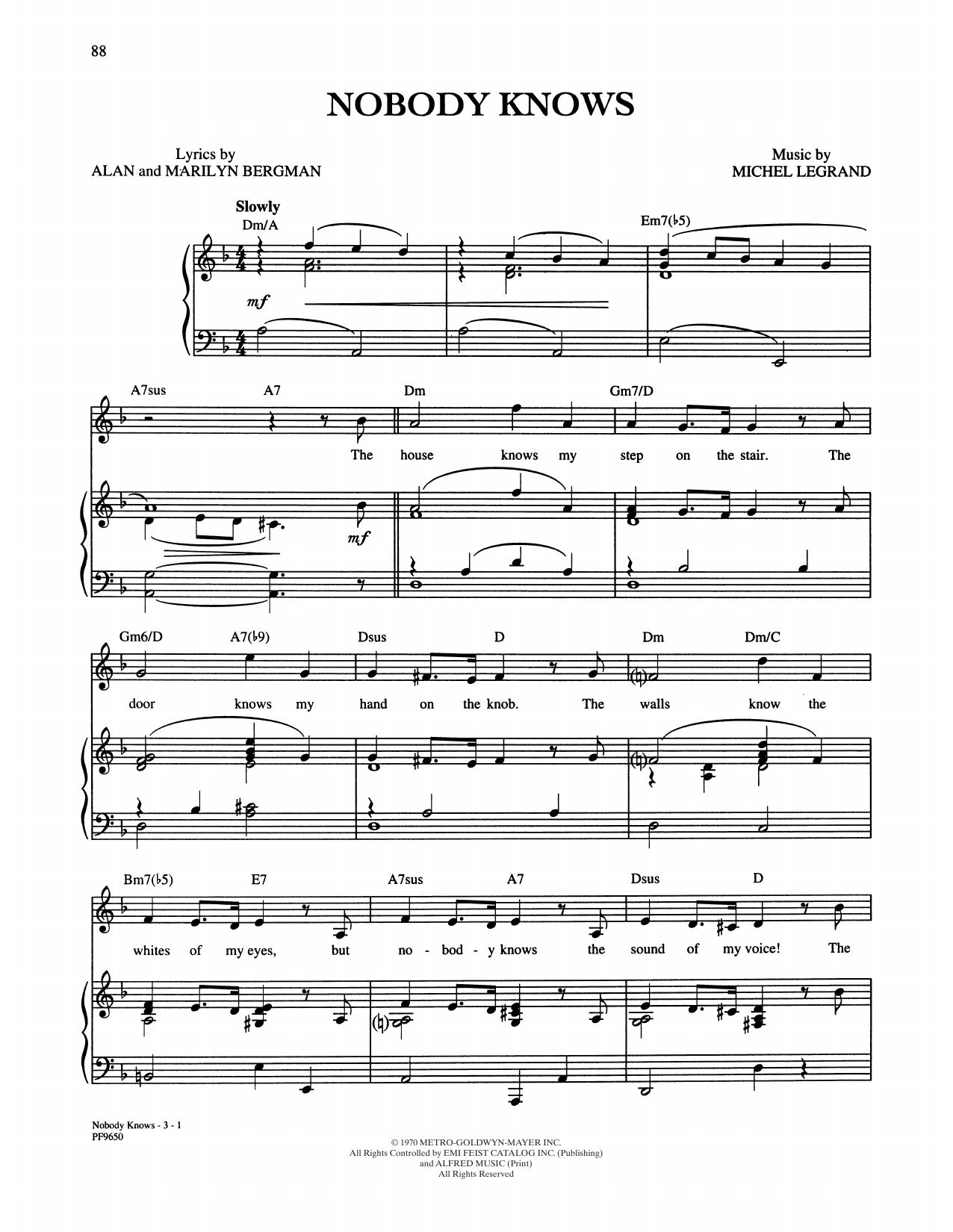Alan and Marilyn Bergman and Michel Legrand Nobody Knows sheet music notes and chords arranged for Piano, Vocal & Guitar Chords (Right-Hand Melody)