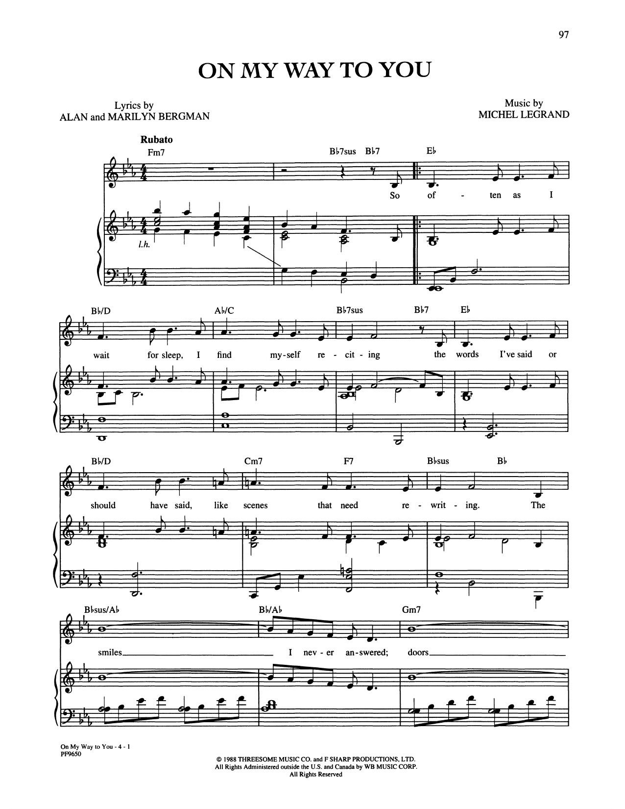 Alan and Marilyn Bergman and Michel Legrand On My Way To You sheet music notes and chords arranged for Piano, Vocal & Guitar Chords (Right-Hand Melody)