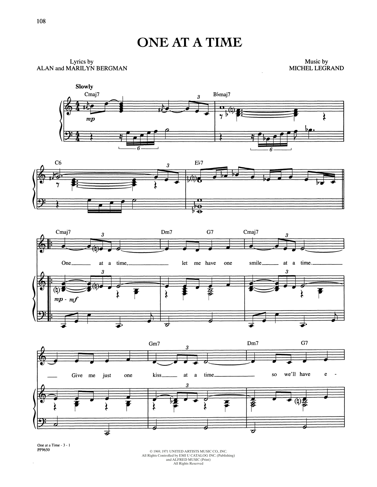 Alan and Marilyn Bergman and Michel Legrand One At A Time sheet music notes and chords arranged for Piano, Vocal & Guitar Chords (Right-Hand Melody)