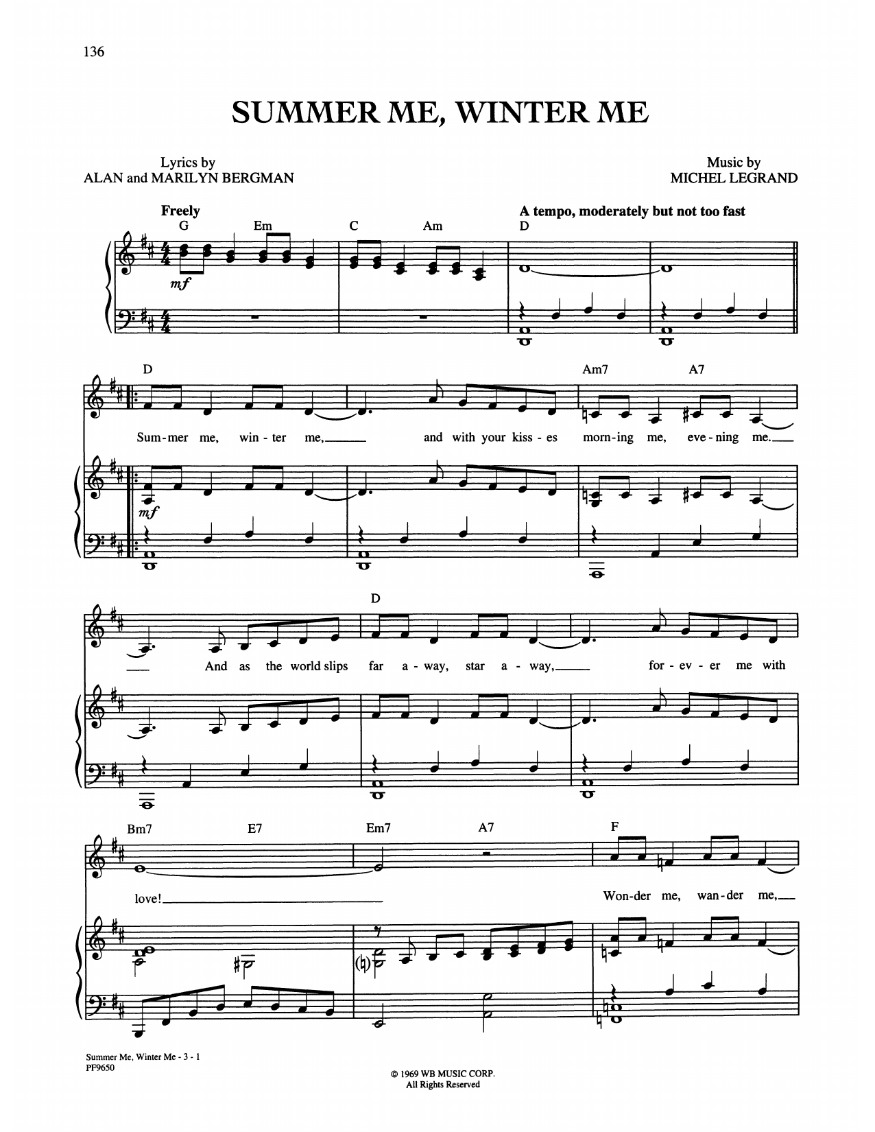 Alan and Marilyn Bergman and Michel Legrand Summer Me, Winter Me sheet music notes and chords arranged for Piano, Vocal & Guitar Chords (Right-Hand Melody)