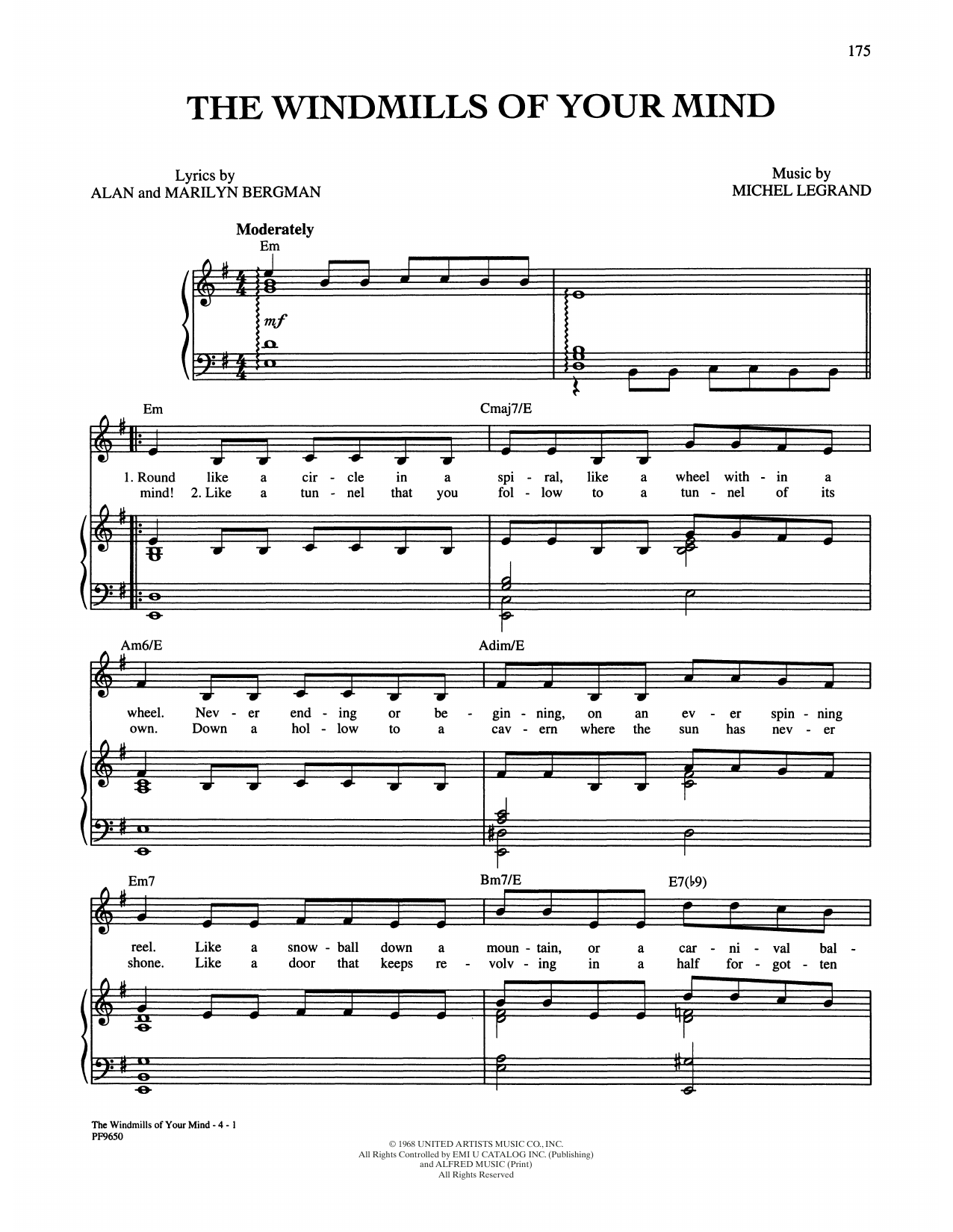 Alan and Marilyn Bergman and Michel Legrand The Windmills Of Your Mind sheet music notes and chords arranged for Piano, Vocal & Guitar Chords (Right-Hand Melody)
