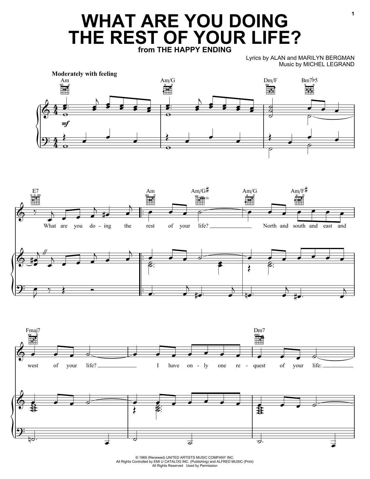 Alan and Marilyn Bergman and Michel Legrand What Are You Doing The Rest Of Your Life? sheet music notes and chords arranged for Piano, Vocal & Guitar Chords (Right-Hand Melody)