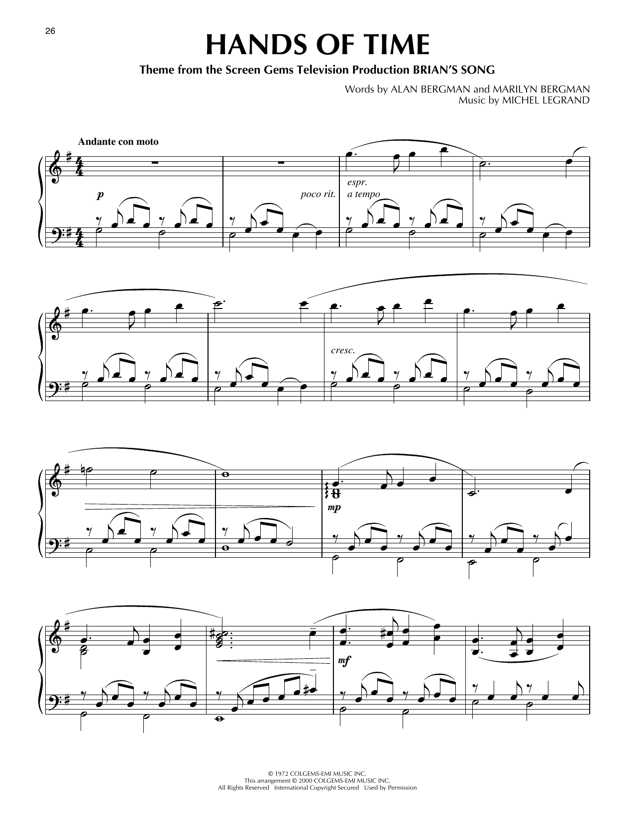 Alan Bergman Hands Of Time (from Brian's Song) (arr. Phillip Keveren) sheet music notes and chords arranged for Piano Solo