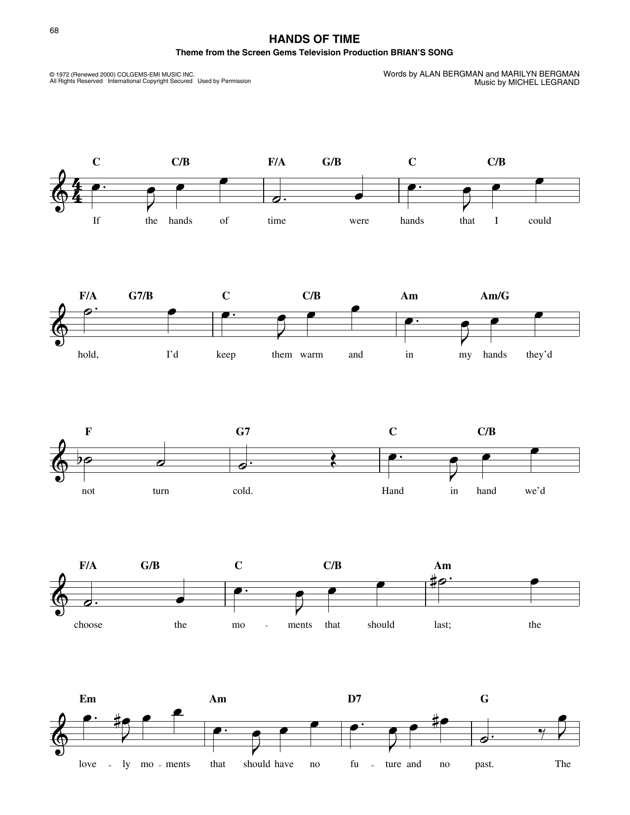 Alan Bergman Hands Of Time (from Brian's Song) sheet music notes and chords arranged for Easy Lead Sheet / Fake Book