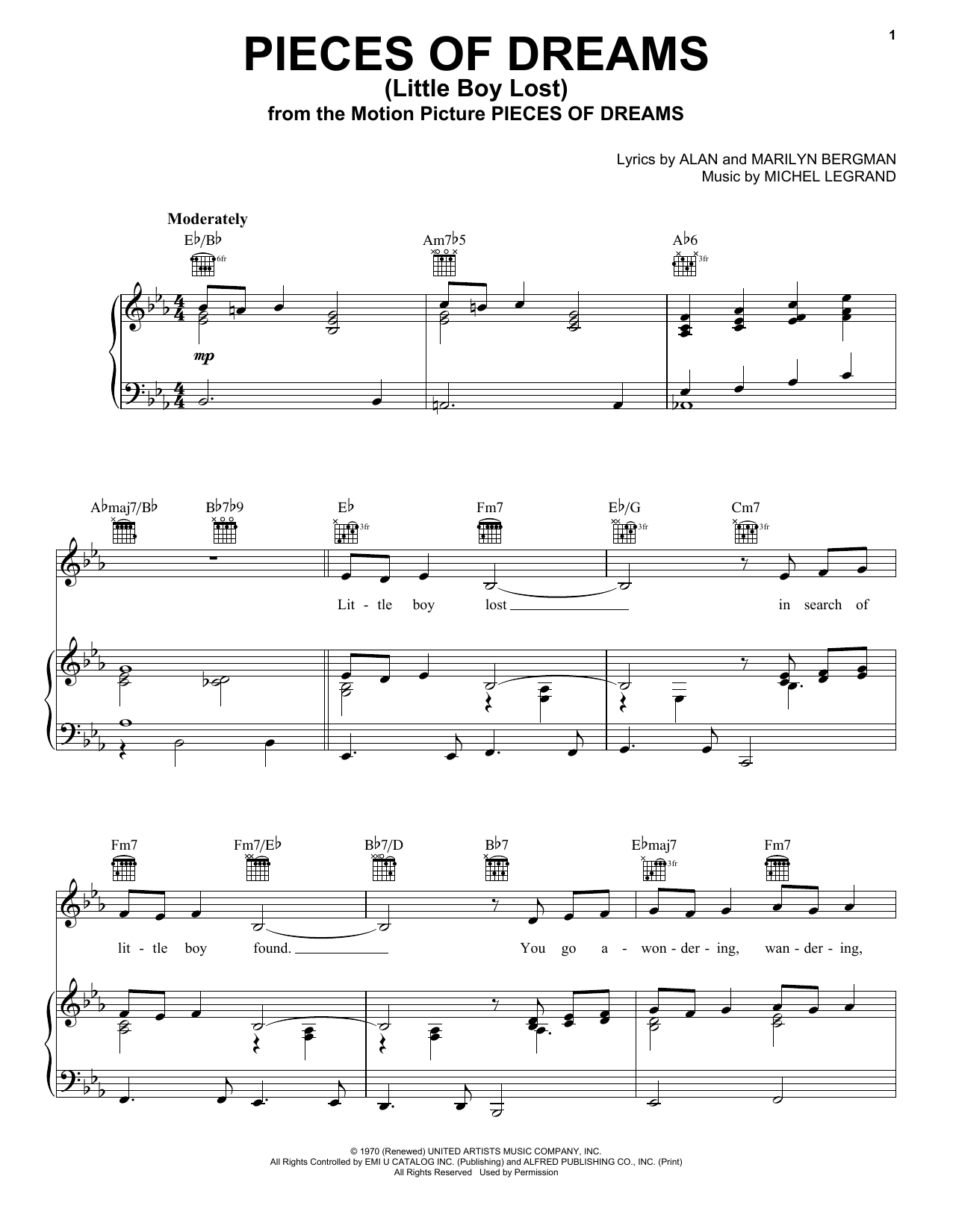 Alan Bergman Pieces Of Dreams (Little Boy Lost) sheet music notes and chords arranged for Very Easy Piano
