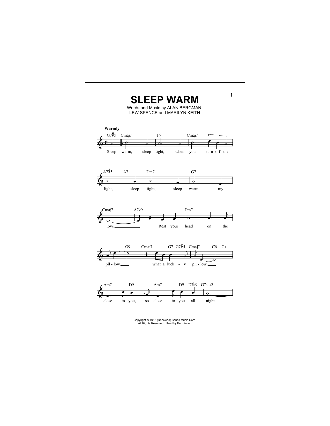 Alan Bergman Sleep Warm sheet music notes and chords arranged for Real Book – Melody & Chords