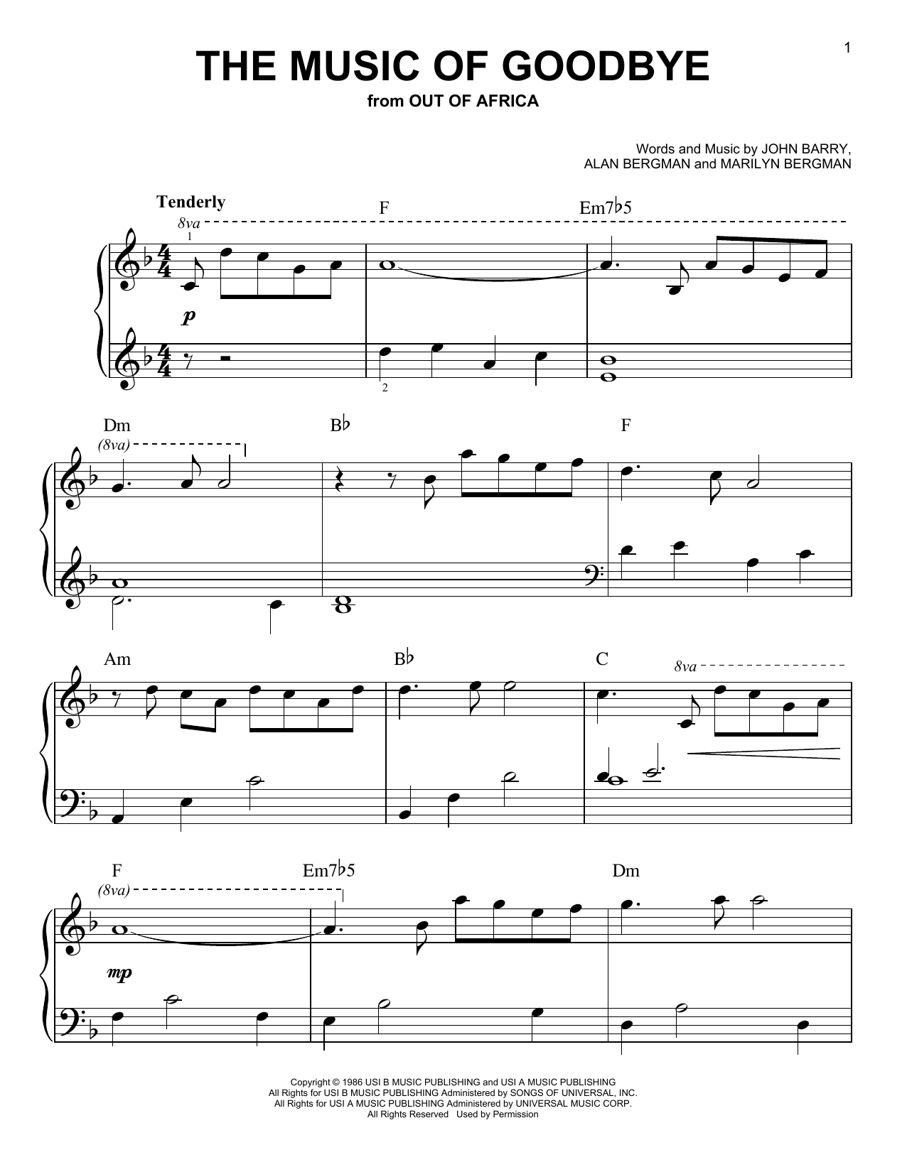 Alan Bergman The Music Of Goodbye (from Out of Africa) sheet music notes and chords arranged for Very Easy Piano