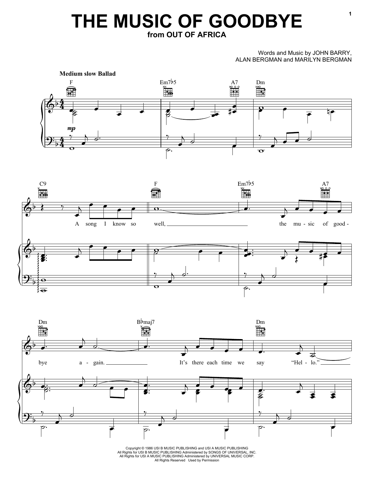 Alan Bergman The Music Of Goodbye sheet music notes and chords arranged for Easy Piano