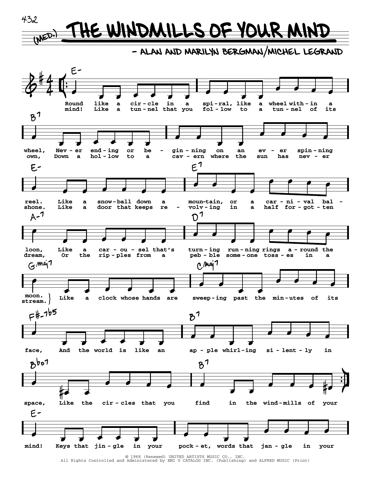 Alan Bergman The Windmills Of Your Mind (High Voice) sheet music notes and chords arranged for Real Book – Melody, Lyrics & Chords