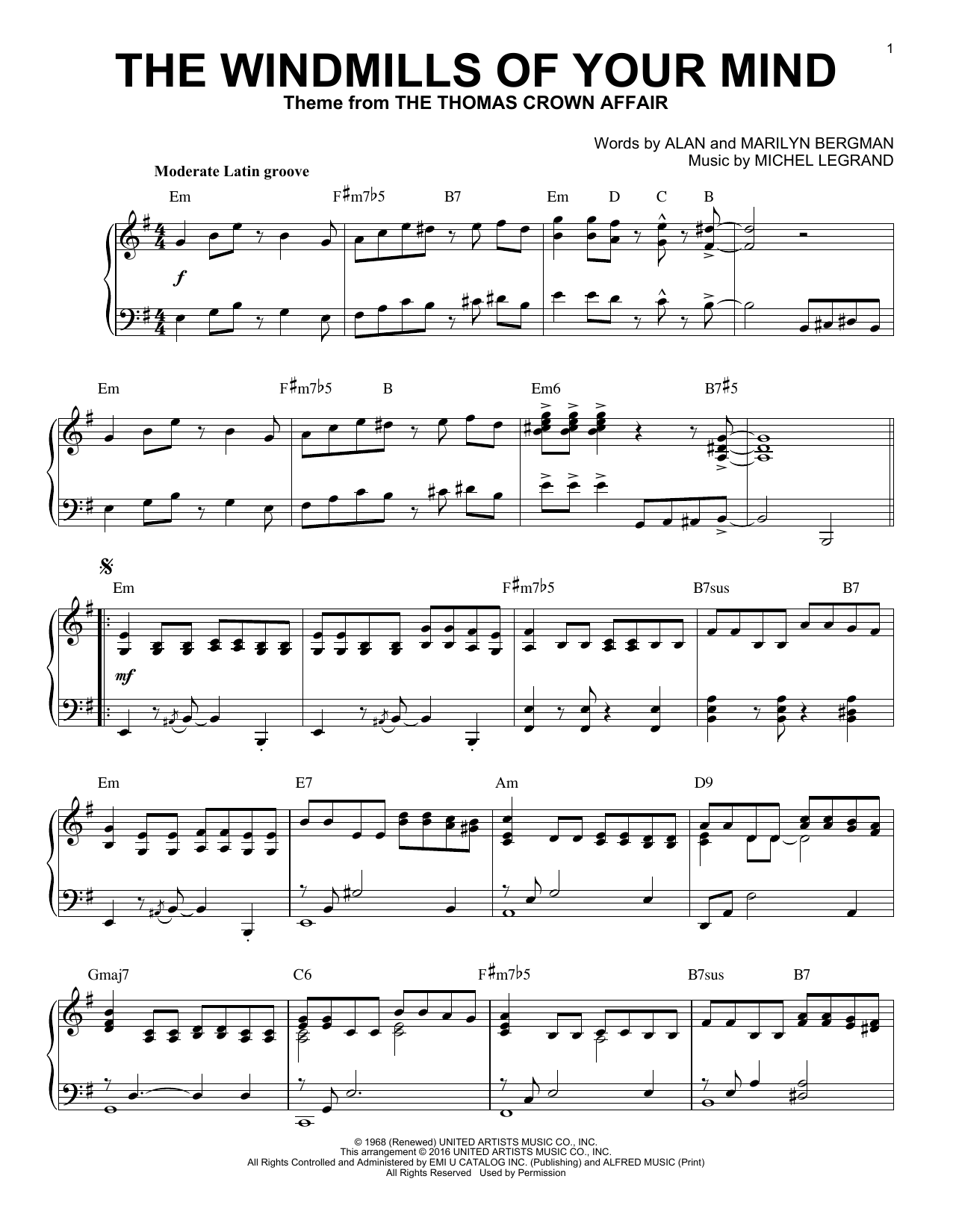 Alan Bergman The Windmills Of Your Mind [Jazz version] (arr. Brent Edstrom) sheet music notes and chords arranged for Piano Solo