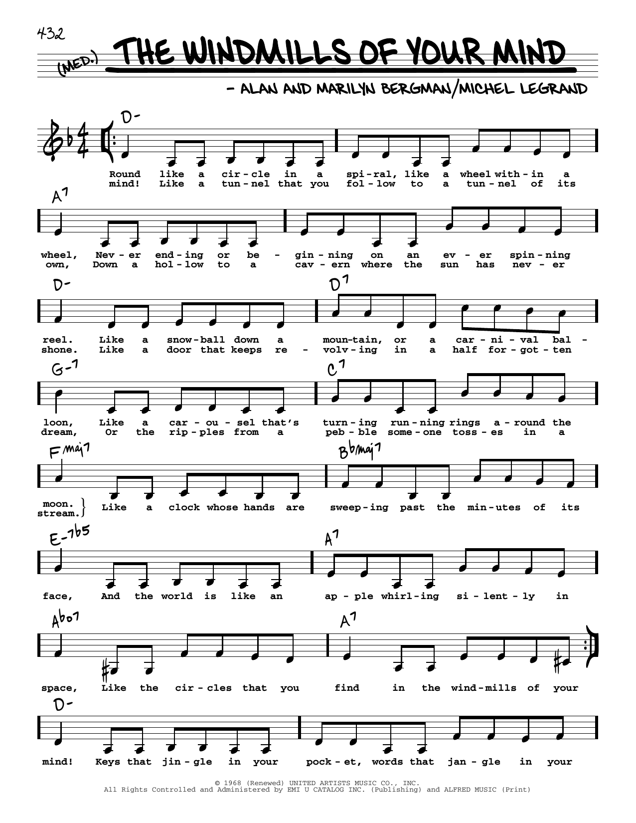 Alan Bergman The Windmills Of Your Mind (Low Voice) sheet music notes and chords arranged for Real Book – Melody, Lyrics & Chords
