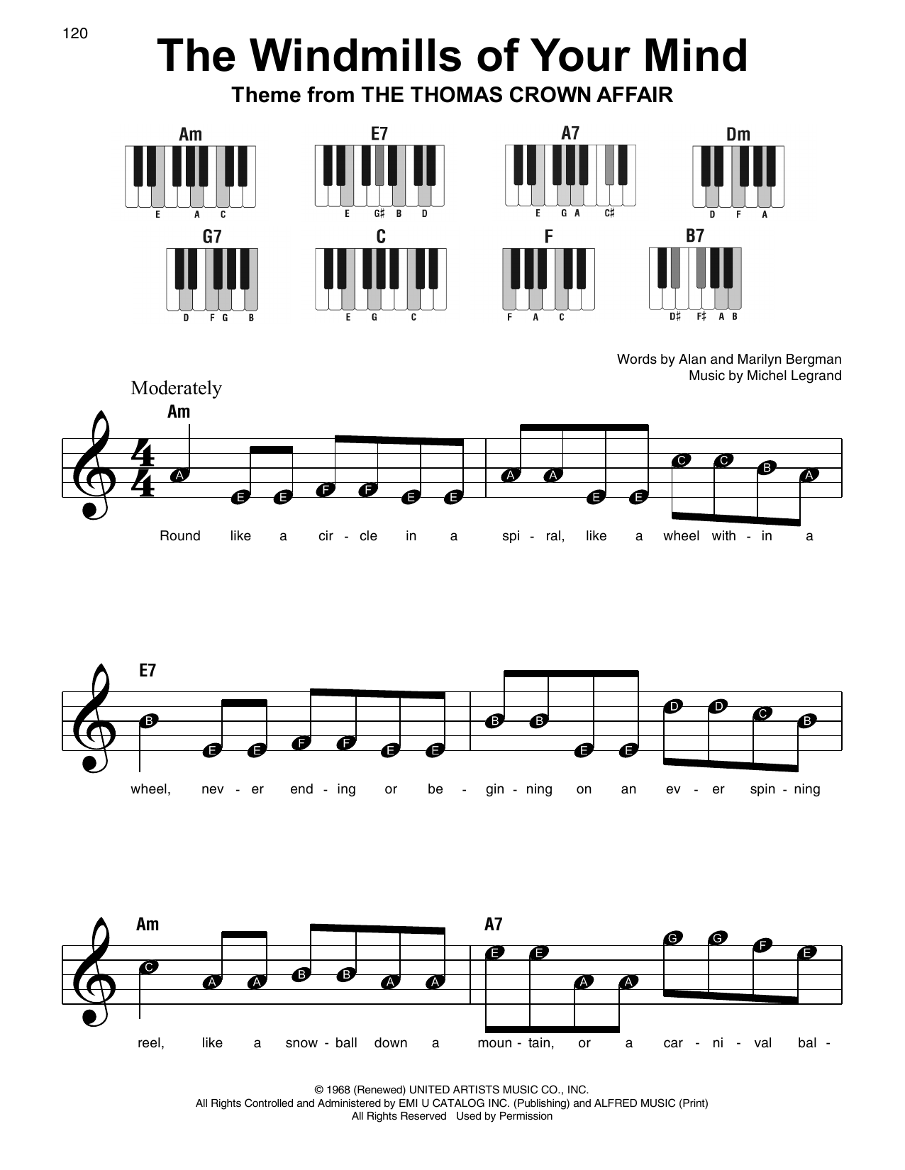 Alan Bergman The Windmills Of Your Mind sheet music notes and chords arranged for Real Book – Melody & Chords