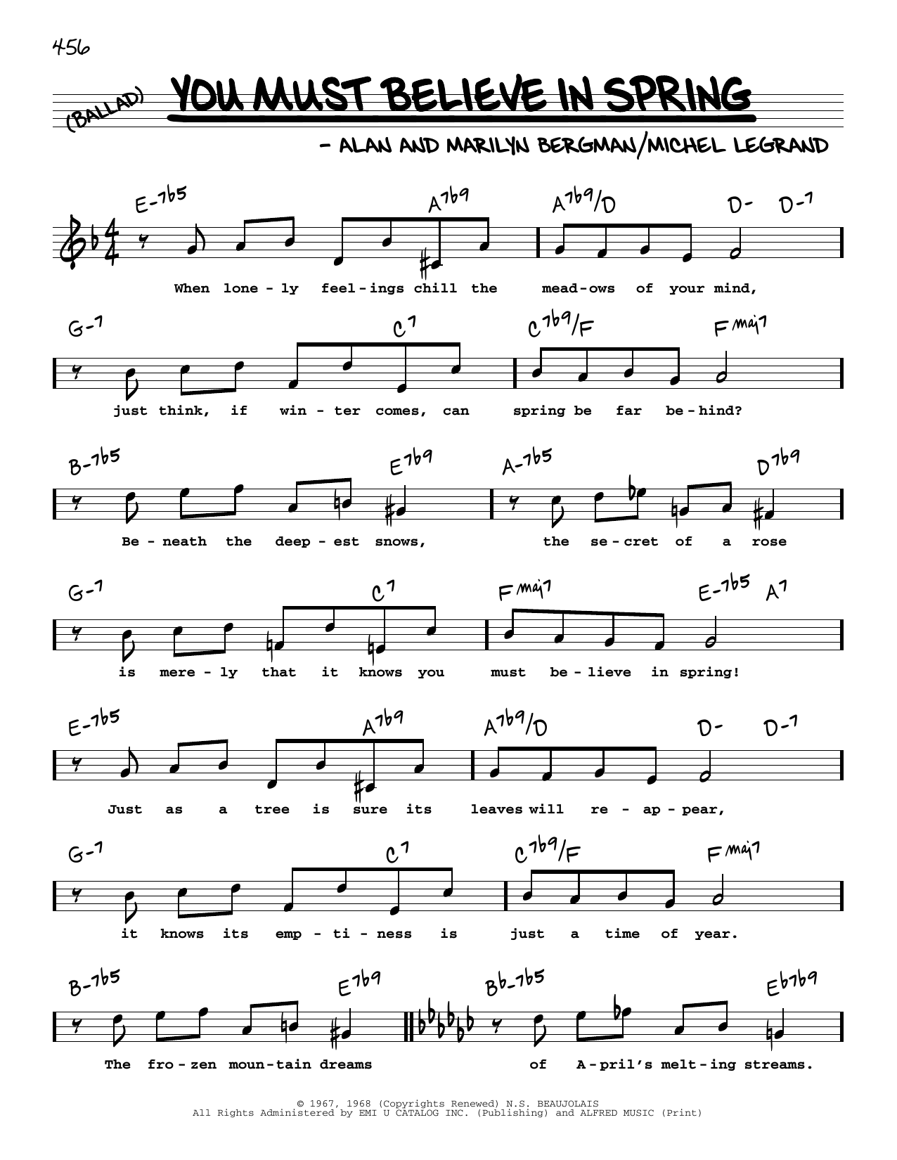 Alan Bergman You Must Believe In Spring (High Voice) sheet music notes and chords arranged for Real Book – Melody, Lyrics & Chords