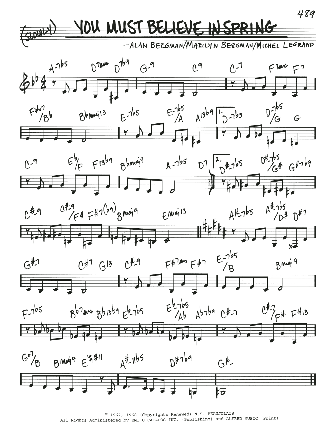 Alan Bergman You Must Believe In Spring sheet music notes and chords arranged for Real Book – Melody & Chords