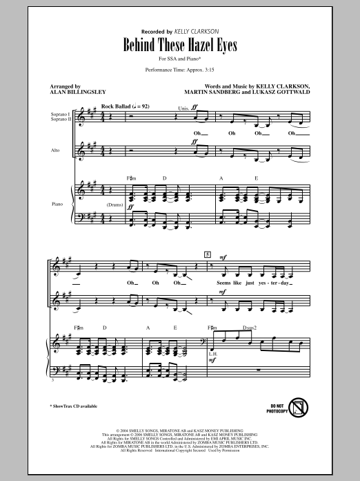 Alan Billingsley Behind These Hazel Eyes sheet music notes and chords arranged for SSA Choir
