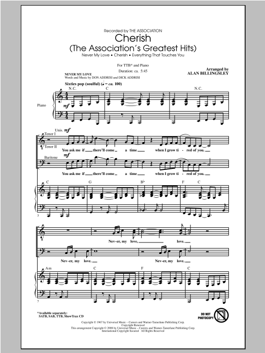 Alan Billingsley Cherish (The Association's Greatest Hits) sheet music notes and chords arranged for TTBB Choir
