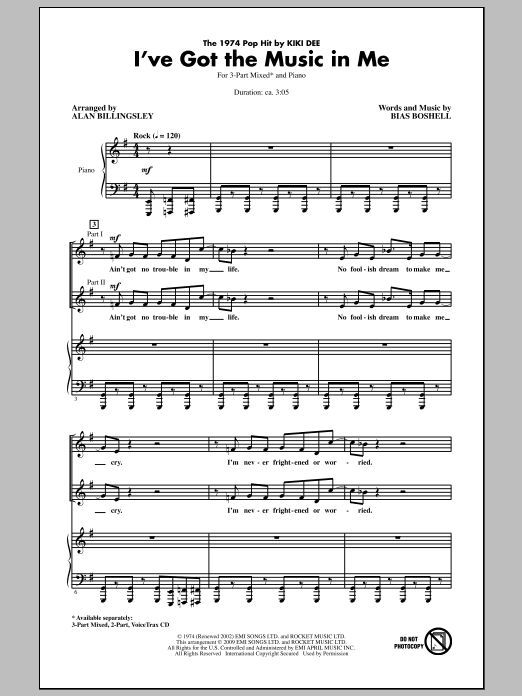 Alan Billingsley I've Got The Music In Me sheet music notes and chords arranged for 2-Part Choir