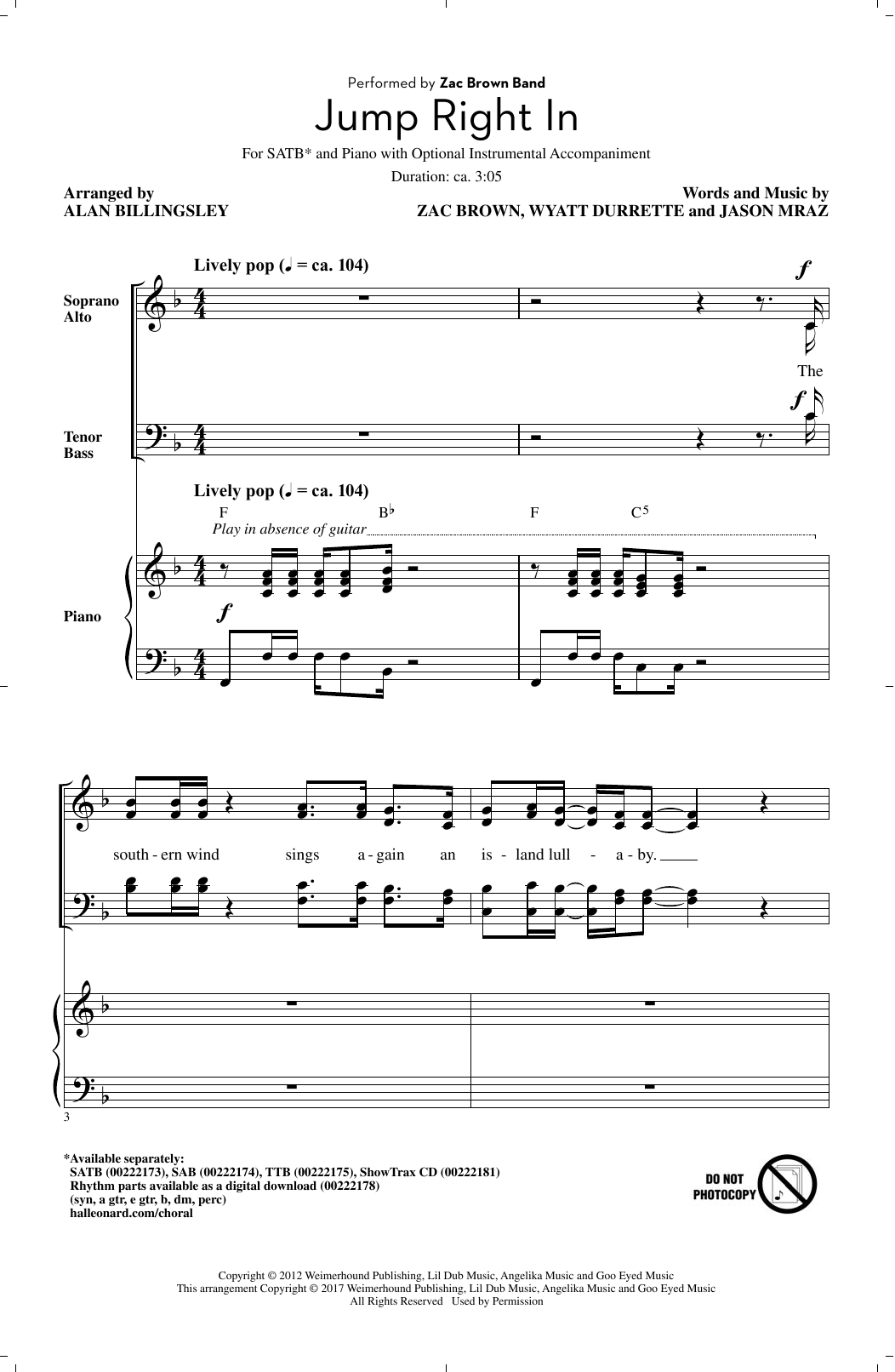 Alan Billingsley Jump Right In sheet music notes and chords arranged for SATB Choir