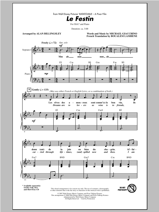 Alan Billingsley Le Festin (from Ratatouille) sheet music notes and chords arranged for SATB Choir