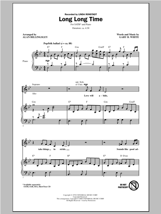 Alan Billingsley Long Long Time sheet music notes and chords arranged for SATB Choir