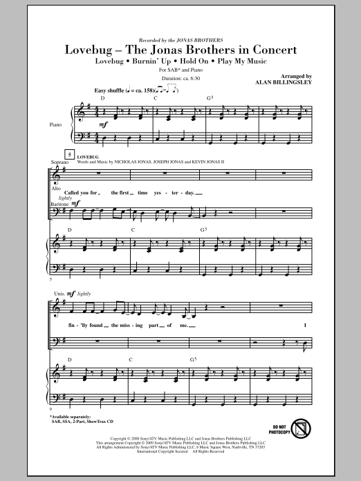 Alan Billingsley Lovebug - The Jonas Brothers In Concert (Medley) sheet music notes and chords arranged for SSA Choir
