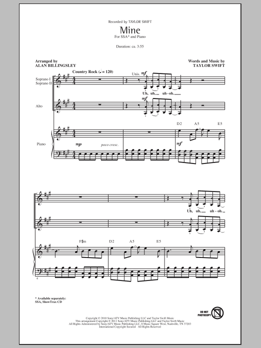Alan Billingsley Mine sheet music notes and chords arranged for SSA Choir