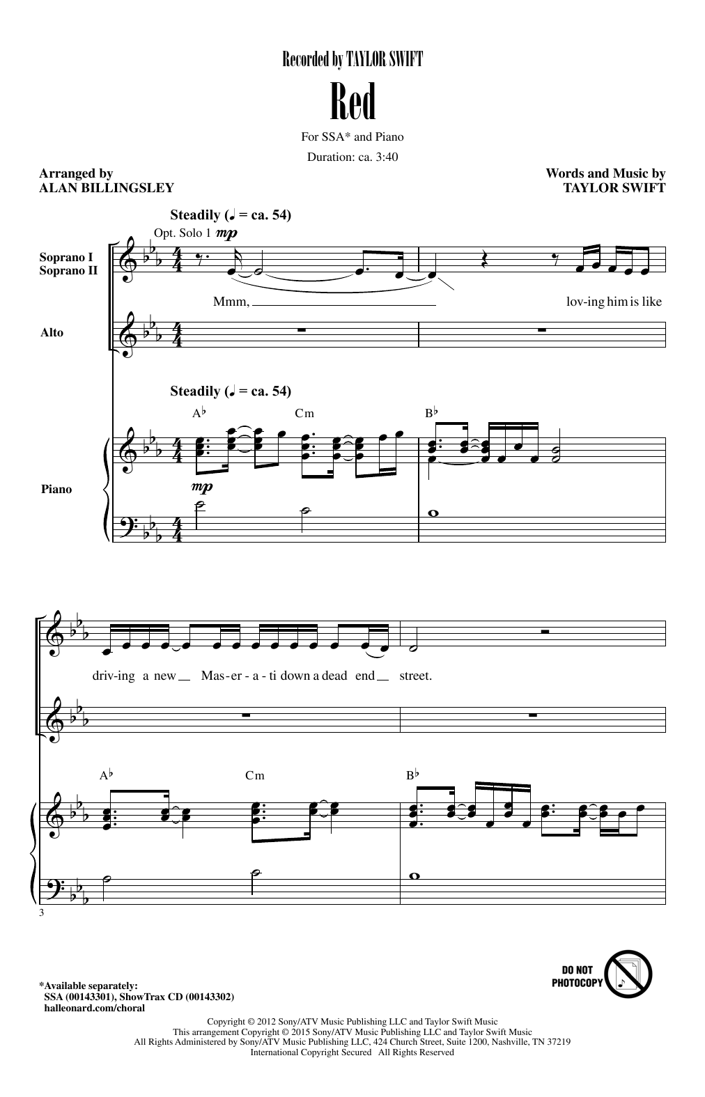 Alan Billingsley Red sheet music notes and chords arranged for SSA Choir