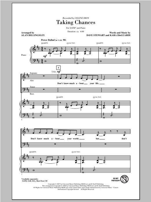 Alan Billingsley Taking Chances sheet music notes and chords arranged for SATB Choir