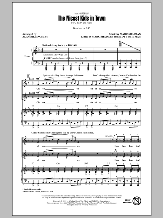 Alan Billingsley The Nicest Kids In Town (from Hairspray) sheet music notes and chords arranged for 2-Part Choir