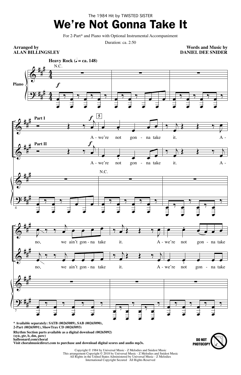 Alan Billingsley We're Not Gonna Take It sheet music notes and chords arranged for 2-Part Choir