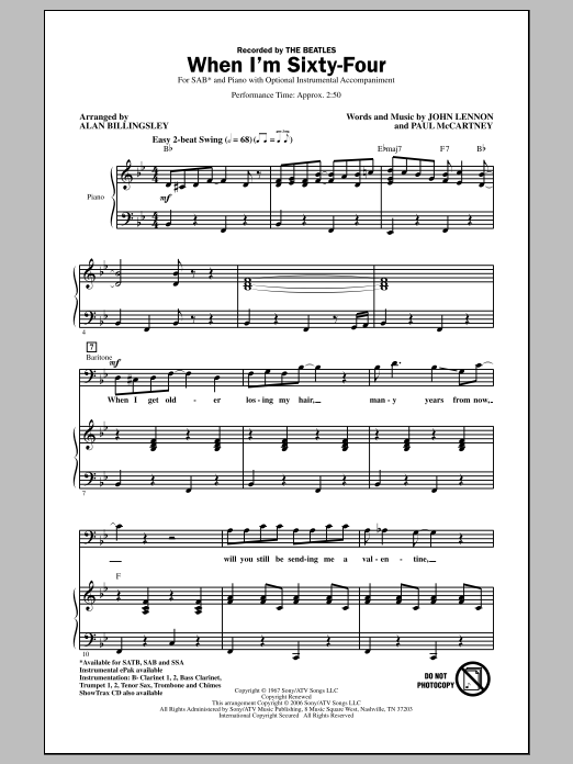 Alan Billingsley When I'm Sixty-Four sheet music notes and chords arranged for SSA Choir